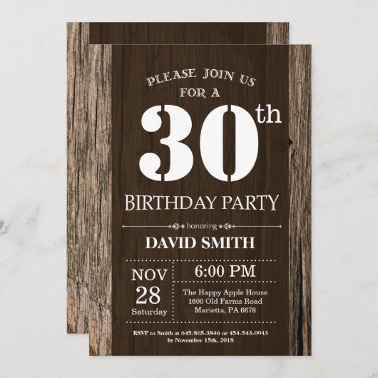 Rustic 30th Birthday Invitation  Wood Kaart (Voorkant / Achterkant)