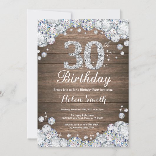 Rustic 30th Birthday Silver Diamond Kaart (Voorkant)