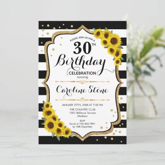 Rustic 30th Birthday - Sunflower Stripes Kaart (Staand voorkant)