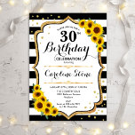 Rustic 30th Birthday - Sunflower Stripes Kaart<br><div class="desc">30e uitnodiging van de verjaardag. Elegant design met zonnebloemen,  faux glitter Gold en zwart-witte strepen. Met stijlvolle scriptlettertypen en confetti. Ideaal voor een elegant verjaardagsfeestje. Pas je aan met je eigen gegevens.</div>