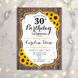 Rustic 30th Birthday - Sunflower Wood Kaart<br><div class="desc">Rustic 30th Birthday Invitation. Elegant ontwerp met zonnebloemen en faux glitter goud en donkerbruin houtpatroon. Ideaal voor een elegant verjaardagsfeestje.</div>