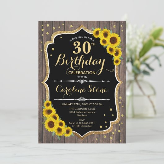 Rustic 30th Birthday - Sunflower Wood Uitnodiging (Staand voorkant)