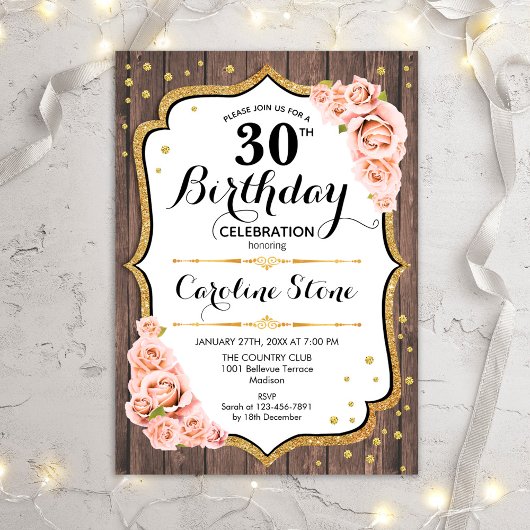 Rustic 30th Birthday - Wood Blush roze rozen Kaart