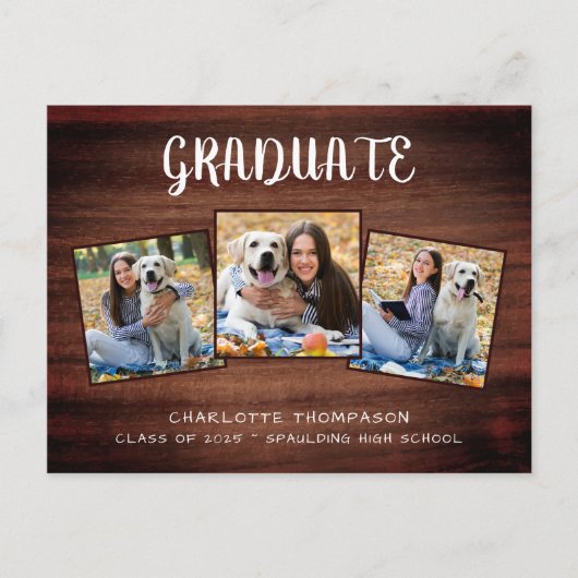 Rustic 3 Afstuderen fotohout Uitnodiging Briefkaart (Voorkant)