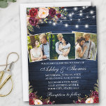 Rustic 3 Foto Burgundy Floral Lights Wood Weddensc Kaart<br><div class="desc">Rustic Blue Wood,  Waterverf Burgundy Floral Wedding Invitation with Bourgundy Rozen,  roze rozen,  rode rozen en botanische groen. Koord-lampjes gloeien.</div>