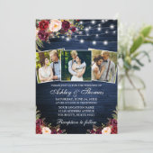 Rustic 3 Foto Burgundy Floral Lights Wood Weddensc Kaart (Staand voorkant)