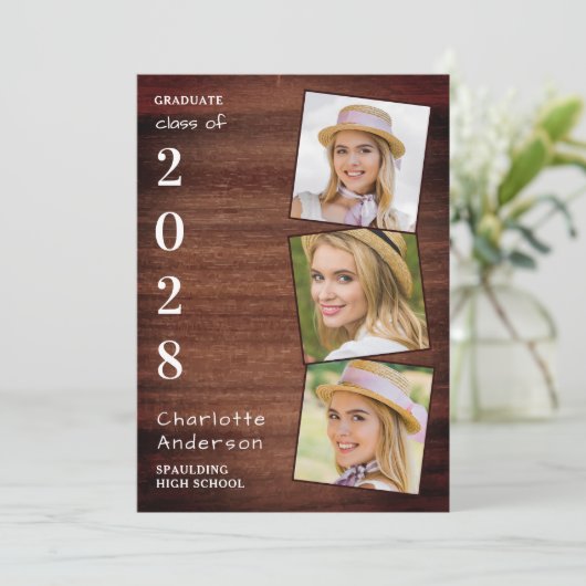 Rustic 3 Foto Collage Country Wood Afstuderen Aankondiging (Staand voorkant)