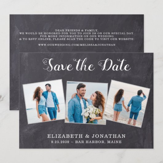 Rustic 3 Foto eenvoudige QR-code in één bruiloft Save The Date (Voorkant / Achterkant)