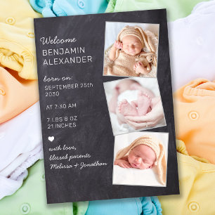 Rustic 3 Foto New Baby Chalkboard Birth Aankondiging