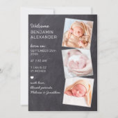 Rustic 3 Foto New Baby Chalkboard Birth Aankondiging (Voorkant)