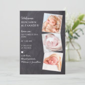 Rustic 3 Foto New Baby Chalkboard Birth Aankondiging (Staand voorkant)