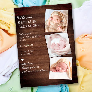 Rustic 3 Foto New Baby Country Wood Birth Aankondiging