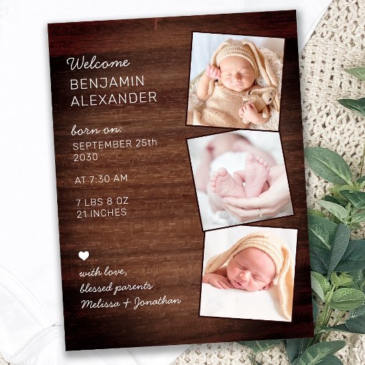 Rustic 3 Foto New Baby Country Wood Birth Aankondigingskaart