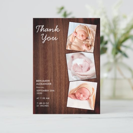 Rustic 3 Foto New Baby Country Wood Shower Bedankkaart (Staand voorkant)