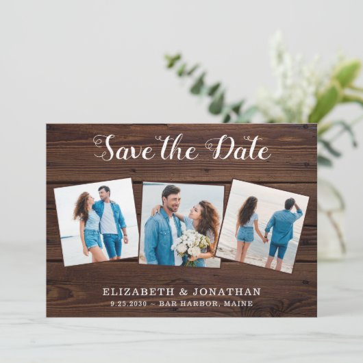 Rustic 3 Fotolandcode in één bruiloft Save The Date (Staand voorkant)