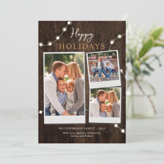 Rustic 3 Foto's Houten Kerstmis Feestdagenkaart (Staand voorkant)