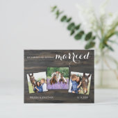 Rustic 3 Pet Weddenschap met foto's paardenweddens Aankondigingskaart (Staand voorkant)