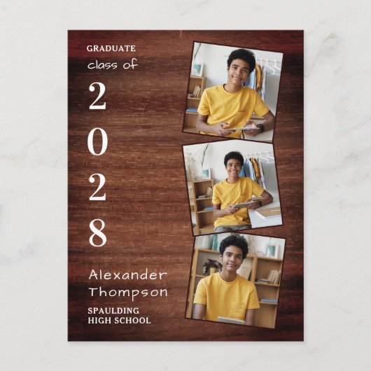 Rustic 3 Photo Collage County Wood Afstuderen Uitnodiging Briefkaart (Voorkant)