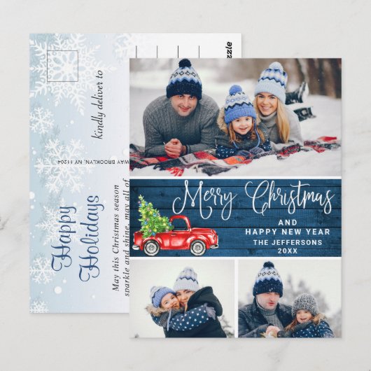 Rustic 3 PHOTO Merry kerstgreting Holiday Briefkaart (Voorkant / Achterkant)