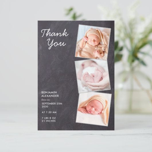 Rustic 3 Photo New Baby Chalkboard Shower Bedankkaart (Staand voorkant)