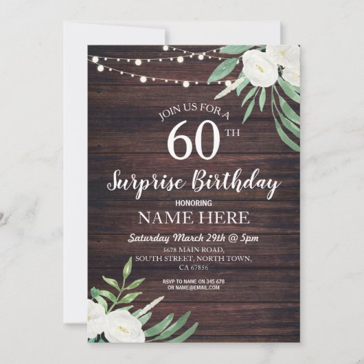 Rustic 40th 60th Birthday Party Wood Floral Invite Kaart (Voorkant)