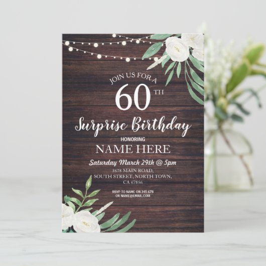 Rustic 40th 60th Birthday Party Wood Floral Invite Kaart (Staand voorkant)