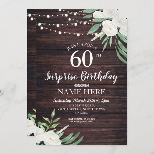 Rustic 40th 60th Birthday Party Wood Floral Invite Kaart (Voorkant / Achterkant)