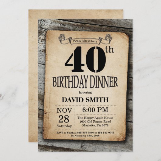 Rustic 40th Birthday Dinner  Wood Kaart (Voorkant / Achterkant)