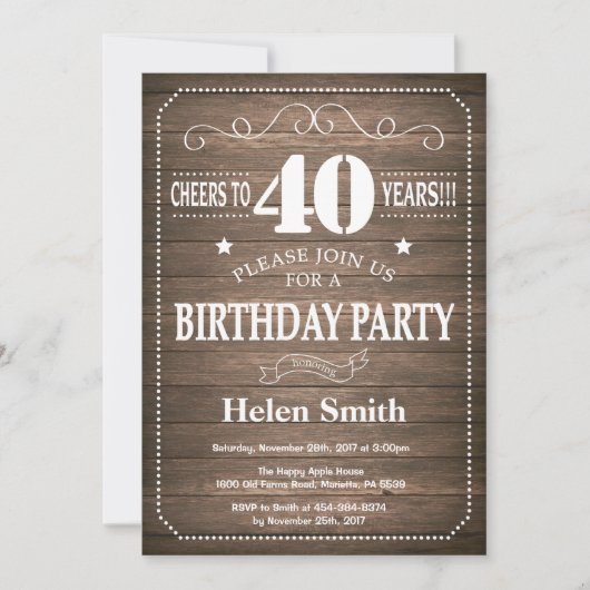 Rustic 40th Birthday Invitation Kaart (Voorkant)