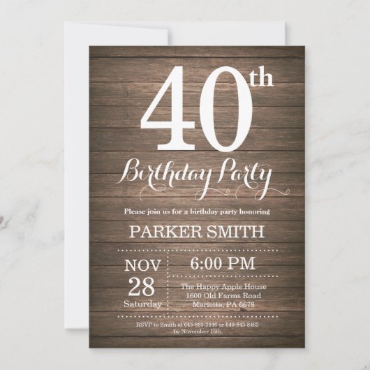 Rustic 40th Birthday Invitation Kaart (Voorkant)