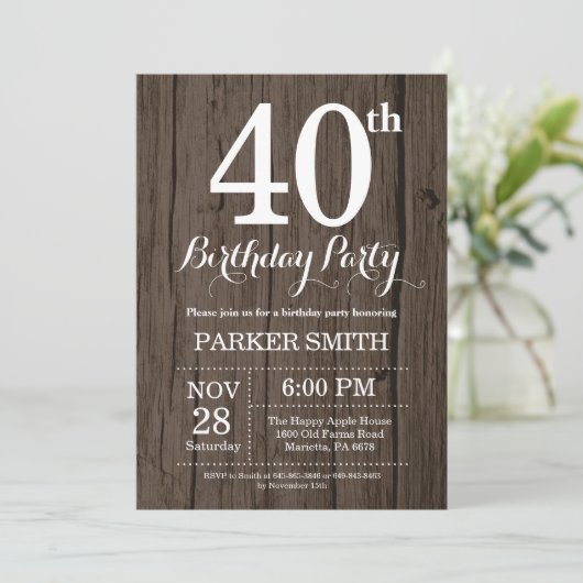 Rustic 40th Birthday Invitation Kaart (Staand voorkant)