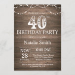 Rustic 40th Birthday Invitation String Lights Kaart<br><div class="desc">Rustic 40th Birthday Invitation with Rustic Wood Background. Koord lichten.  landretro. Volwassen verjaardag. Mannelijke Mannen of vrouwen: Birthday. Voor verdere aanpassing,  te klikken gelieve de knoop "van de Aanpassing het"en ons ontwerphulpmiddel te gebruiken om deze sjabloon te wijzigen.</div>