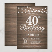 Rustic 40th Birthday Invitation String Lights Wood Kaart (Voorkant / Achterkant)