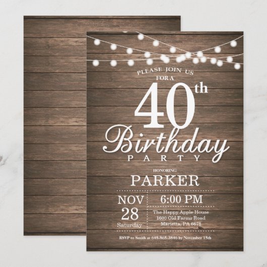 Rustic 40th Birthday Invitation String Lights Wood Kaart (Voorkant / Achterkant)