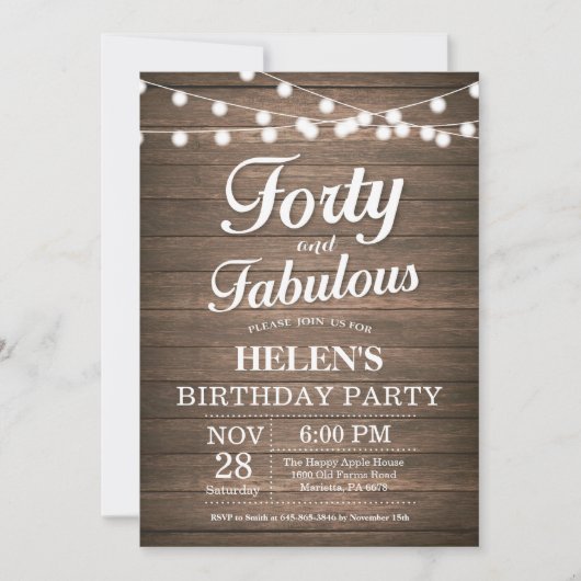 Rustic 40th Birthday Invitation Wood Fabulous Kaart (Voorkant)