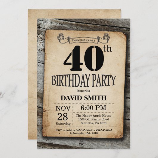 Rustic 40th Birthday Invitation  Wood Kaart (Voorkant / Achterkant)