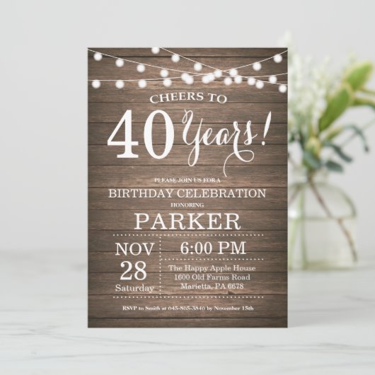 Rustic 40th Birthday Invitation Wood Kaart (Staand voorkant)