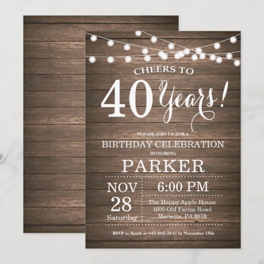 Rustic 40th Birthday Invitation Wood Kaart (Voorkant / Achterkant)
