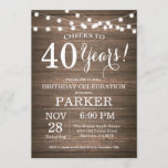 Rustic 40th Birthday Invitation Wood Kaart<br><div class="desc">Rustic 40th Birthday Invitation Wood Background met String Lights. 13e 15e 16e 18e 21e 30e 40e 50e 60e 70e 90e 100e, elke leeftijd. Volwassen verjaardag. Vrouw of Man Man Birthday Party. Voor verdere aanpassing, te klikken gelieve de knoop "van de Aanpassing het"en ons ontwerphulpmiddel te gebruiken om deze sjabloon te...</div>