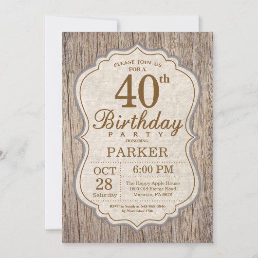 Rustic 40th Birthday Invitation Wood Kaart (Voorkant)