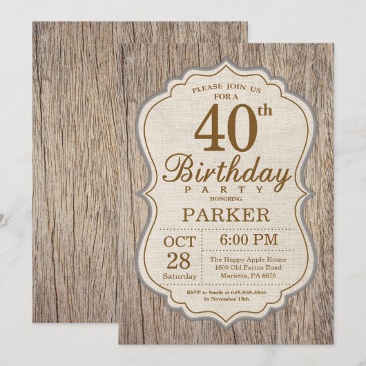 Rustic 40th Birthday Invitation Wood Kaart (Voorkant / Achterkant)