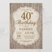 Rustic 40th Birthday Invitation Wood