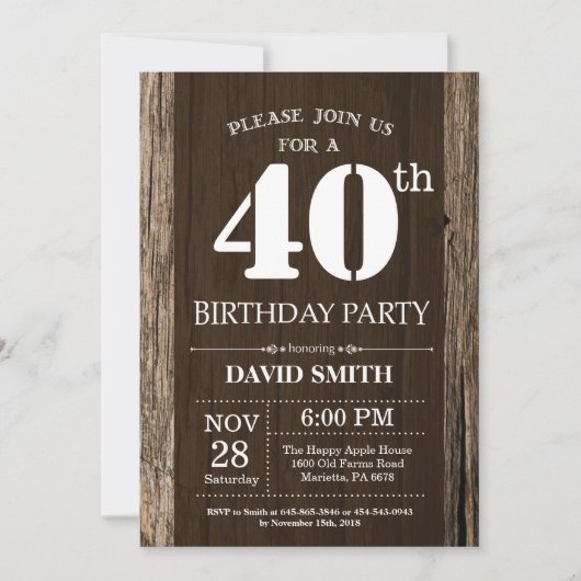 Rustic 40th Birthday Invitation  Wood Kaart (Voorkant)