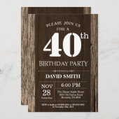 Rustic 40th Birthday Invitation  Wood Kaart (Voorkant / Achterkant)