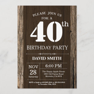 Rustic 40th Birthday Invitation Wood Kaart