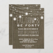 Rustic 40th Birthday Party Burlap String Lights Kaart (Voorkant / Achterkant)