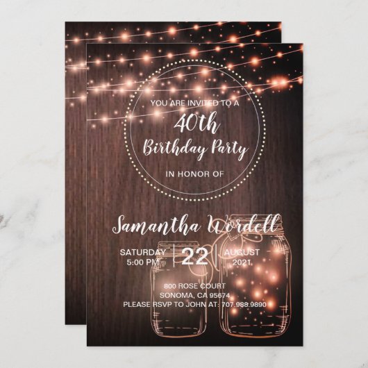 Rustic 40th Birthday String Lights Uitnodiging (Voorkant / Achterkant)