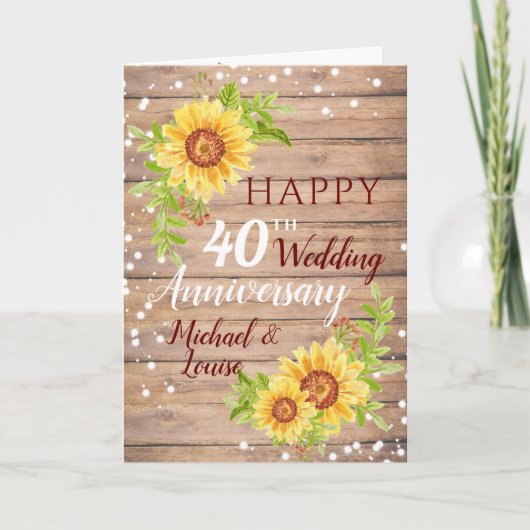 Rustic 40th Wedding Jubileum Sunflower Kaart (Voorkant)