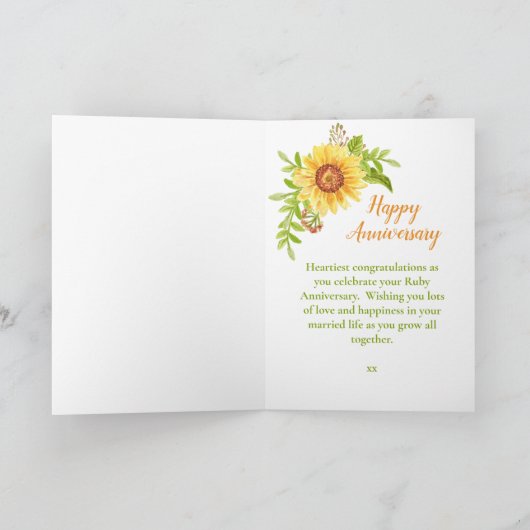 Rustic 40th Wedding Jubileum Sunflower Kaart (Binnen)