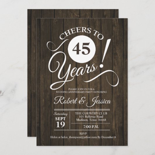Rustic 45e huwelijksjubileum met houtpatroon kaart (Voorkant / Achterkant)